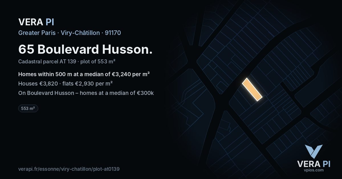 65 Boulevard Husson, Viry-Châtillon at night – the plot lit, the parcels around coloured by the prices near them