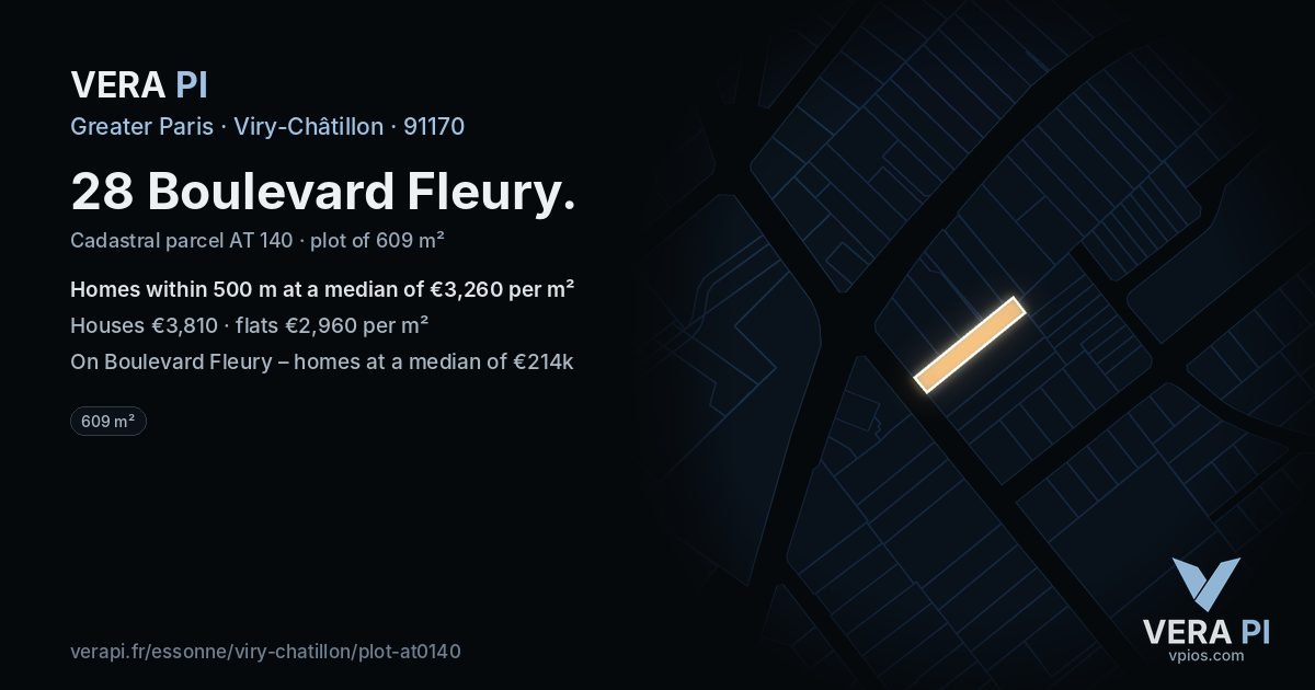 28 Boulevard Fleury, Viry-Châtillon at night – the plot lit, the parcels around coloured by the prices near them