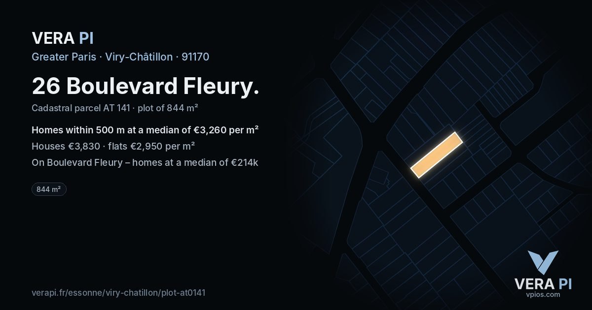 26 Boulevard Fleury, Viry-Châtillon at night – the plot lit, the parcels around coloured by the prices near them