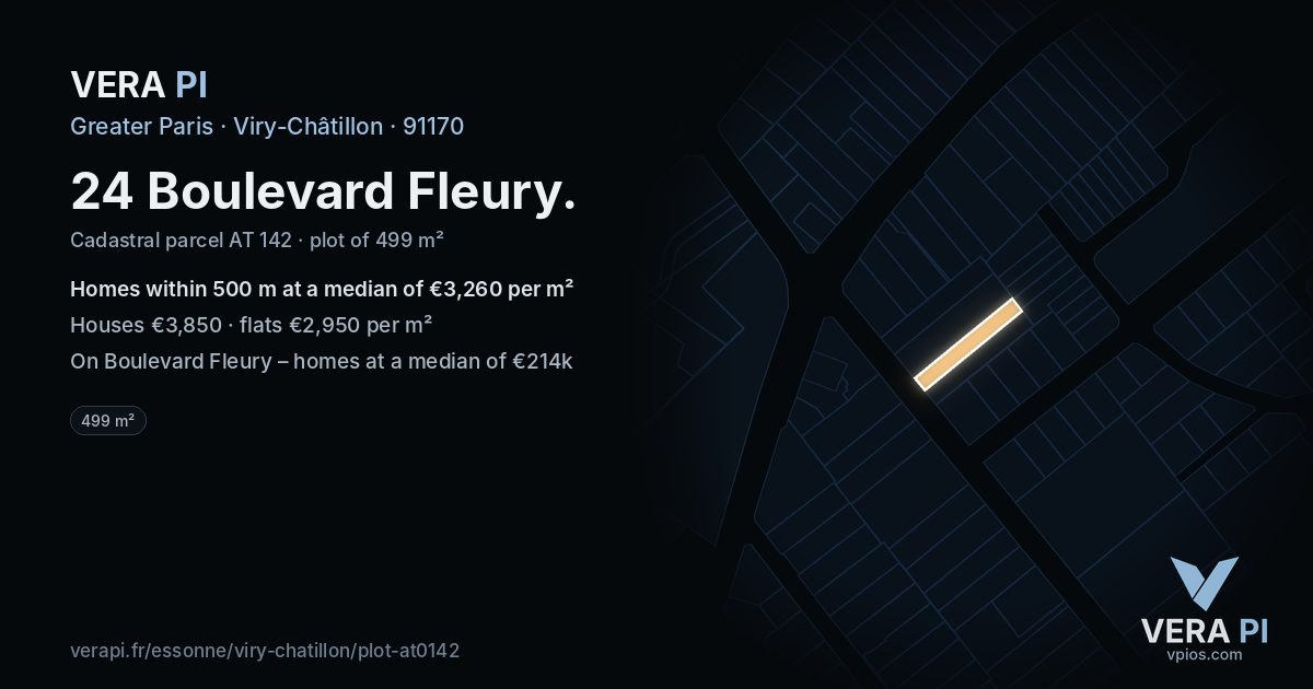 24 Boulevard Fleury, Viry-Châtillon at night – the plot lit, the parcels around coloured by the prices near them