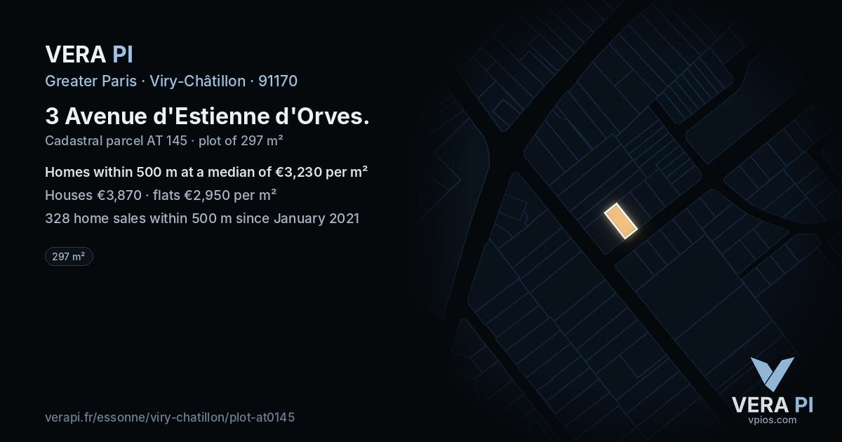 3 Avenue d'Estienne d'Orves, Viry-Châtillon at night – the plot lit, the parcels around coloured by the prices near them