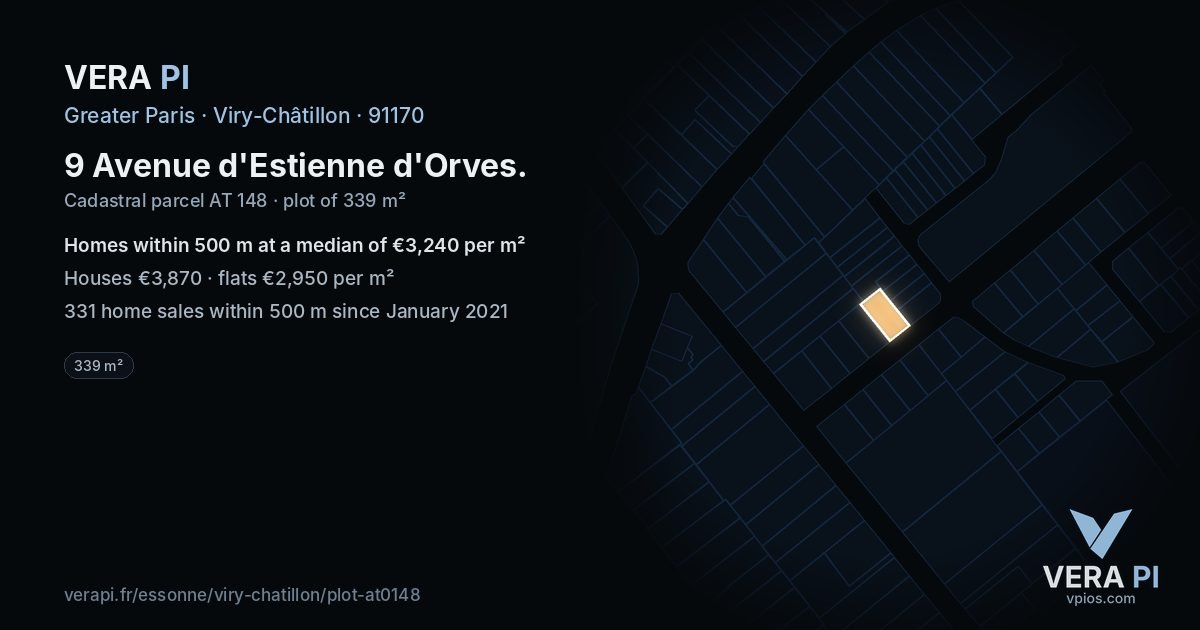 9 Avenue d'Estienne d'Orves, Viry-Châtillon at night – the plot lit, the parcels around coloured by the prices near them