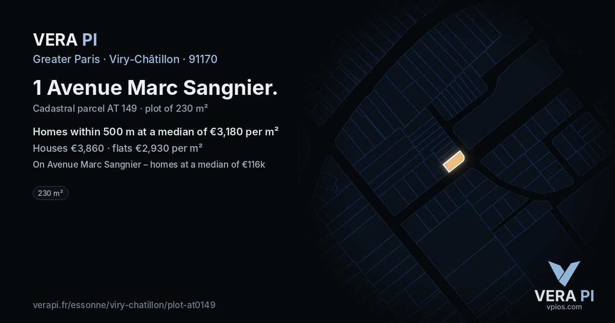 1 Avenue Marc Sangnier, Viry-Châtillon at night – the plot lit, the parcels around coloured by the prices near them
