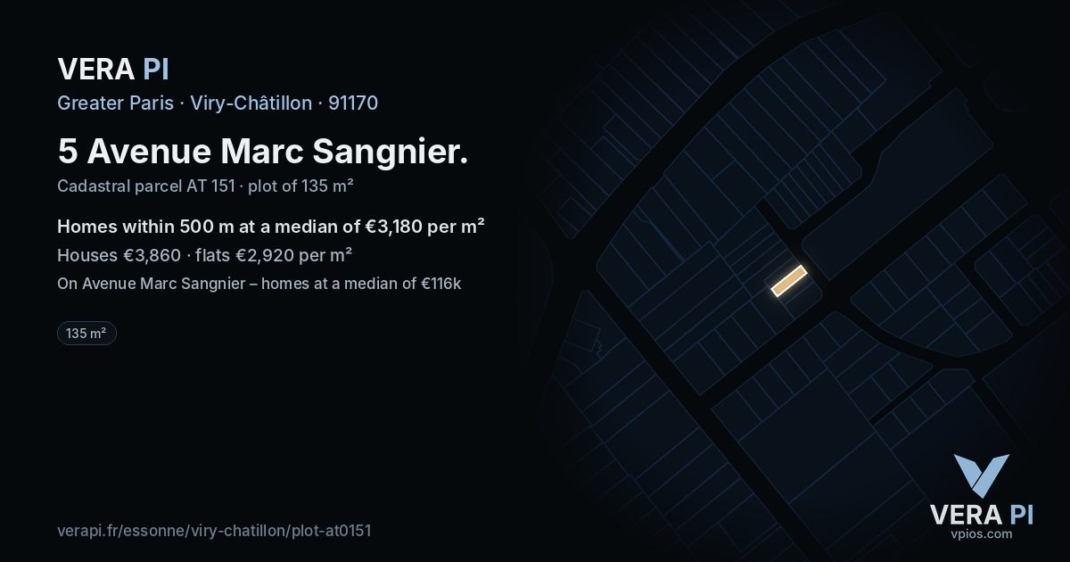 5 Avenue Marc Sangnier, Viry-Châtillon at night – the plot lit, the parcels around coloured by the prices near them
