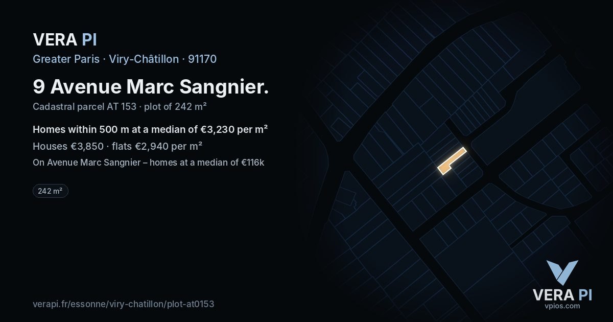 9 Avenue Marc Sangnier, Viry-Châtillon at night – the plot lit, the parcels around coloured by the prices near them