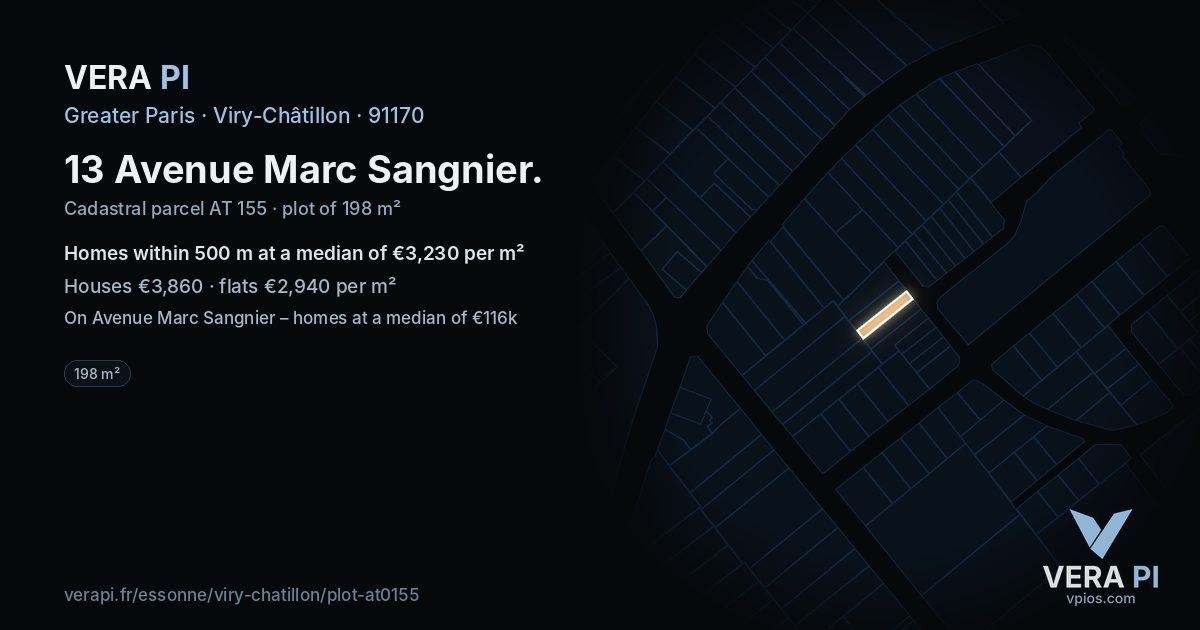 13 Avenue Marc Sangnier, Viry-Châtillon at night – the plot lit, the parcels around coloured by the prices near them