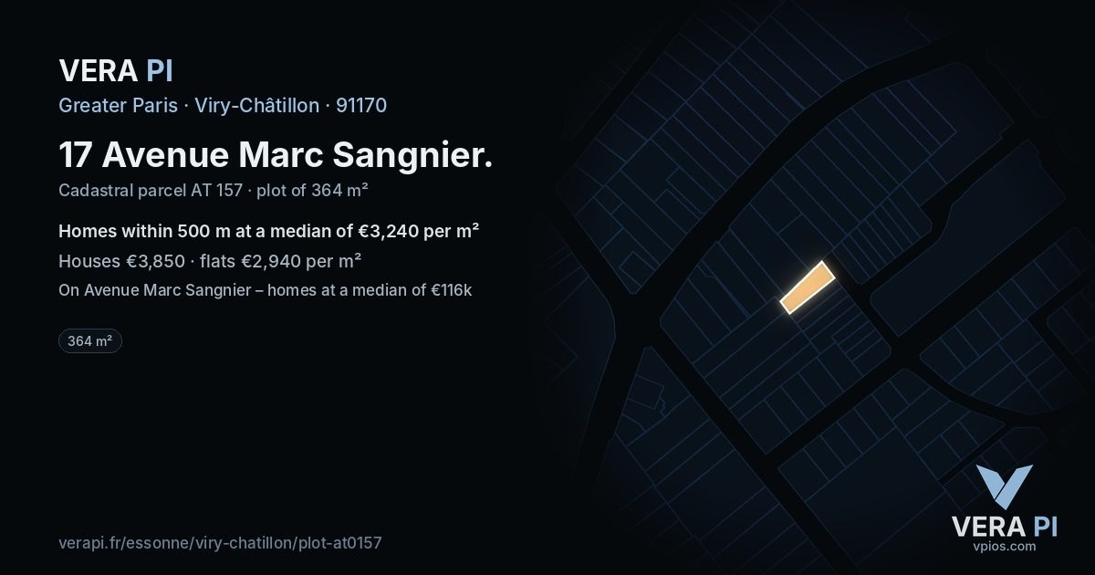 17 Avenue Marc Sangnier, Viry-Châtillon at night – the plot lit, the parcels around coloured by the prices near them