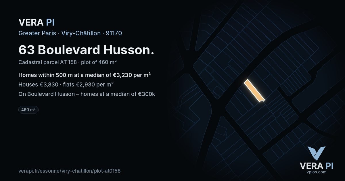 63 Boulevard Husson, Viry-Châtillon at night – the plot lit, the parcels around coloured by the prices near them