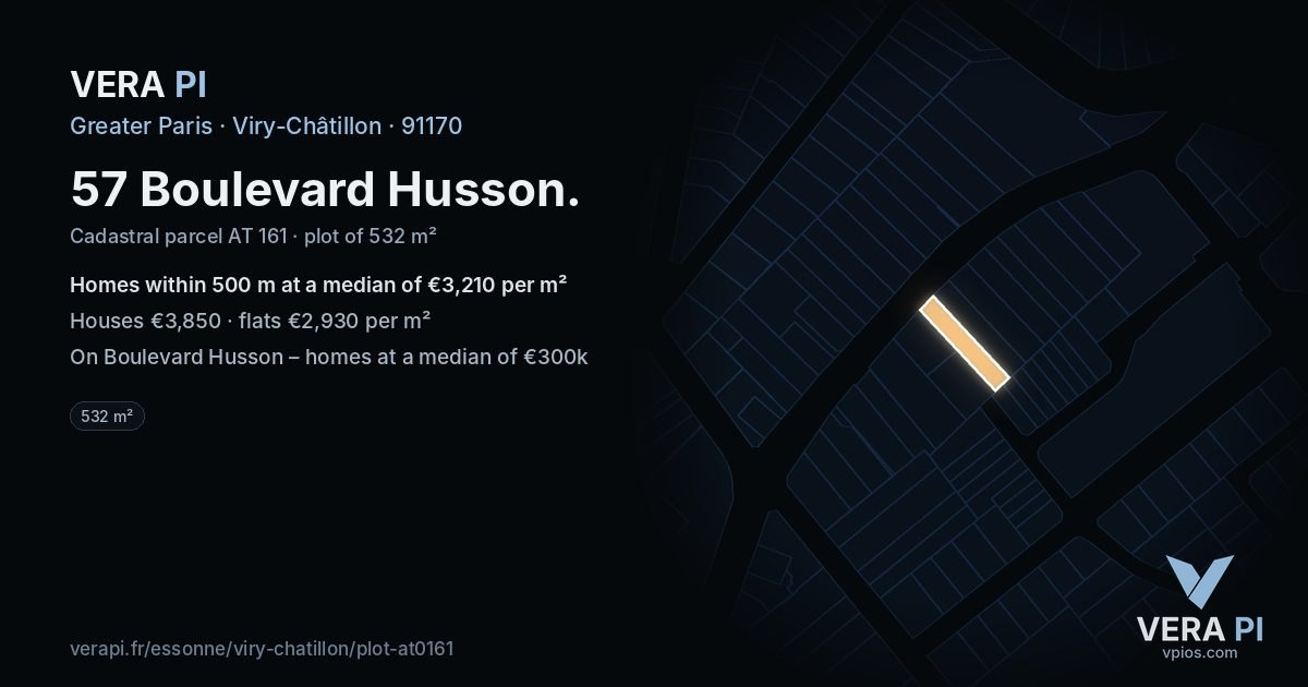 57 Boulevard Husson, Viry-Châtillon at night – the plot lit, the parcels around coloured by the prices near them