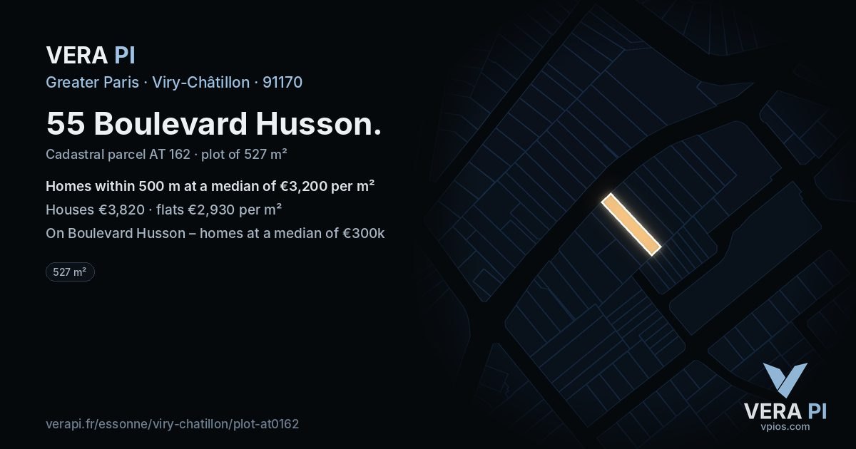 55 Boulevard Husson, Viry-Châtillon at night – the plot lit, the parcels around coloured by the prices near them
