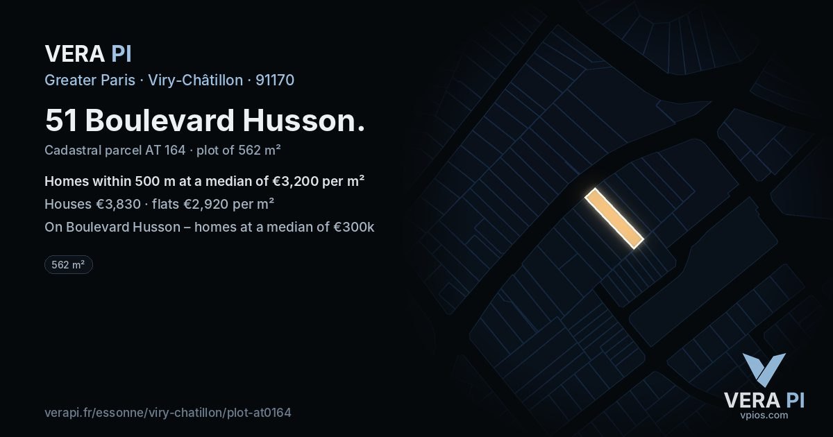 51 Boulevard Husson, Viry-Châtillon at night – the plot lit, the parcels around coloured by the prices near them