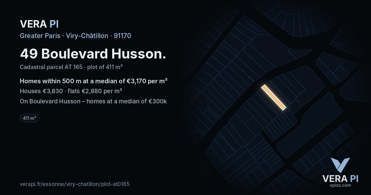 49 Boulevard Husson, Viry-Châtillon at night – the plot lit, the parcels around coloured by the prices near them