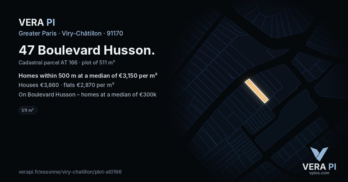 47 Boulevard Husson, Viry-Châtillon at night – the plot lit, the parcels around coloured by the prices near them