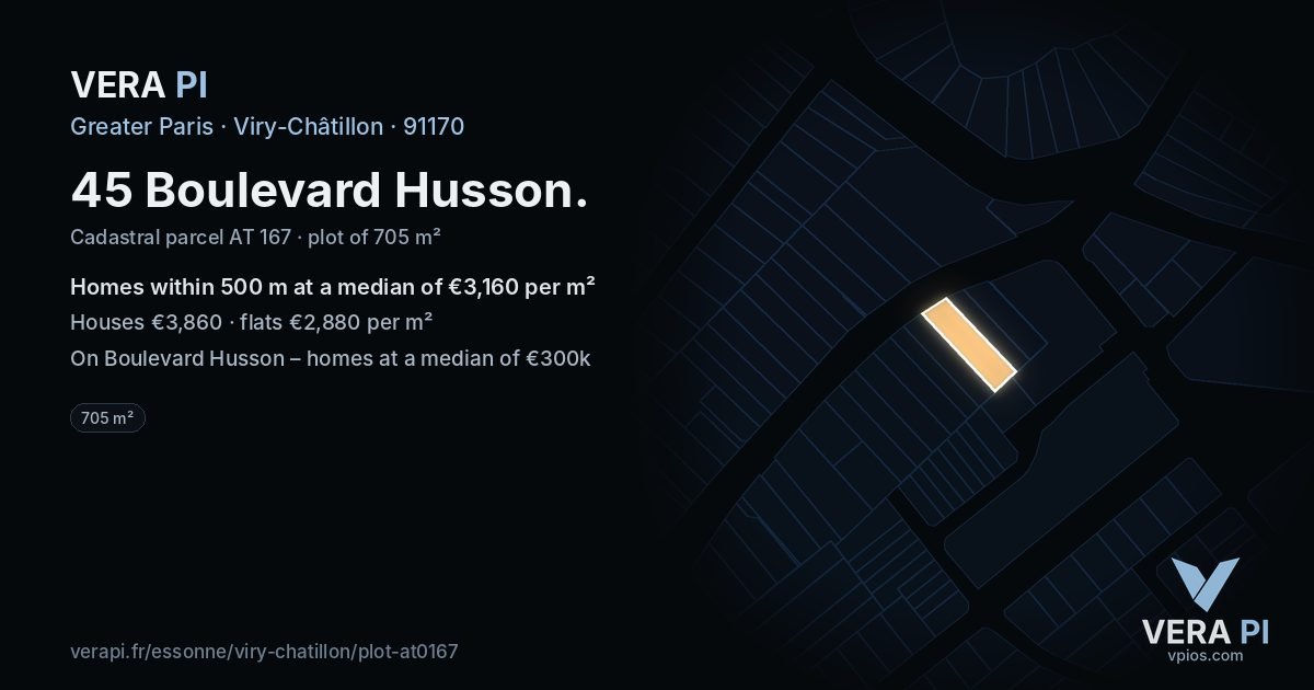 45 Boulevard Husson, Viry-Châtillon at night – the plot lit, the parcels around coloured by the prices near them