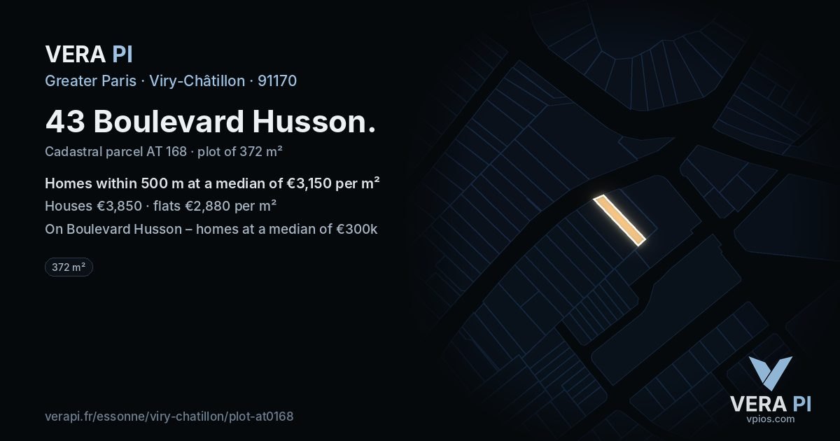 43 Boulevard Husson, Viry-Châtillon at night – the plot lit, the parcels around coloured by the prices near them