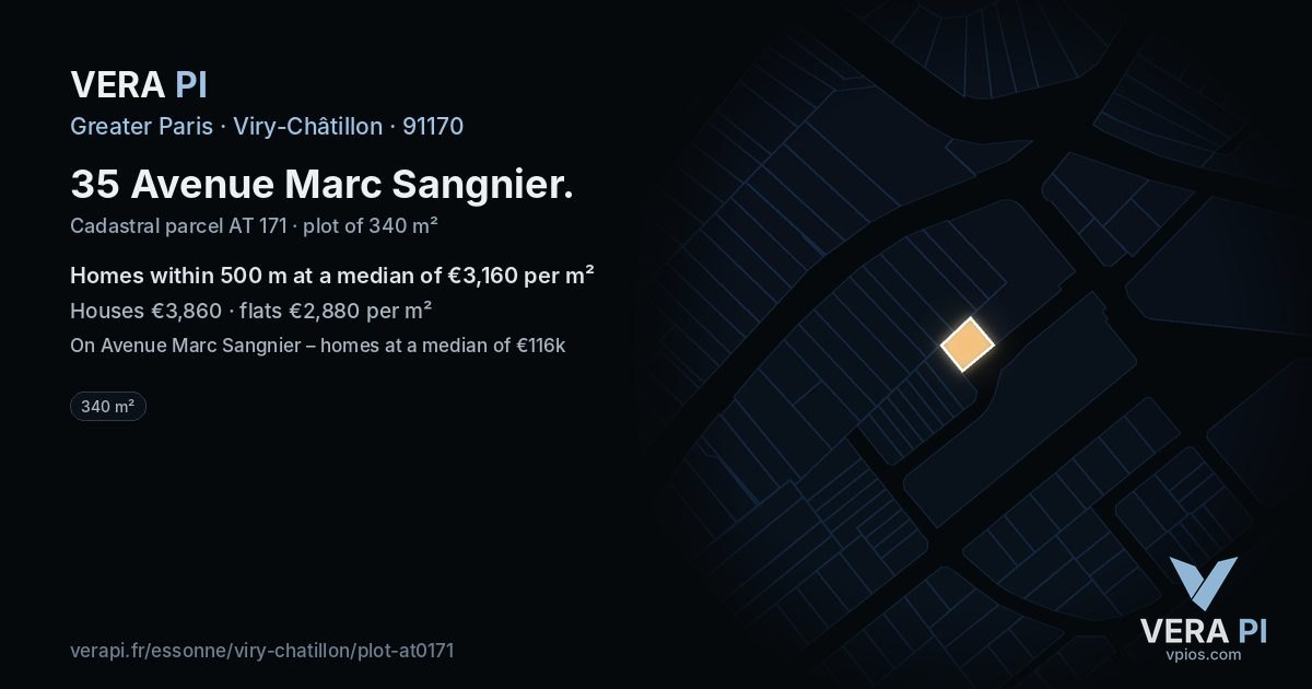 35 Avenue Marc Sangnier, Viry-Châtillon at night – the plot lit, the parcels around coloured by the prices near them