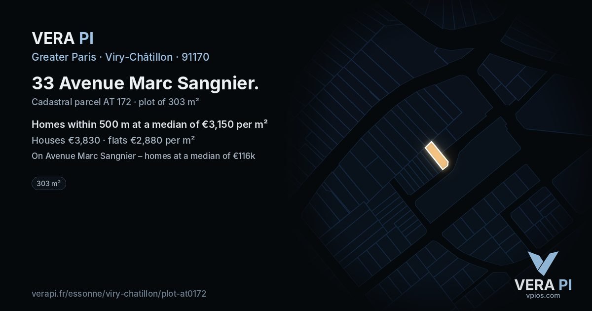 33 Avenue Marc Sangnier, Viry-Châtillon at night – the plot lit, the parcels around coloured by the prices near them