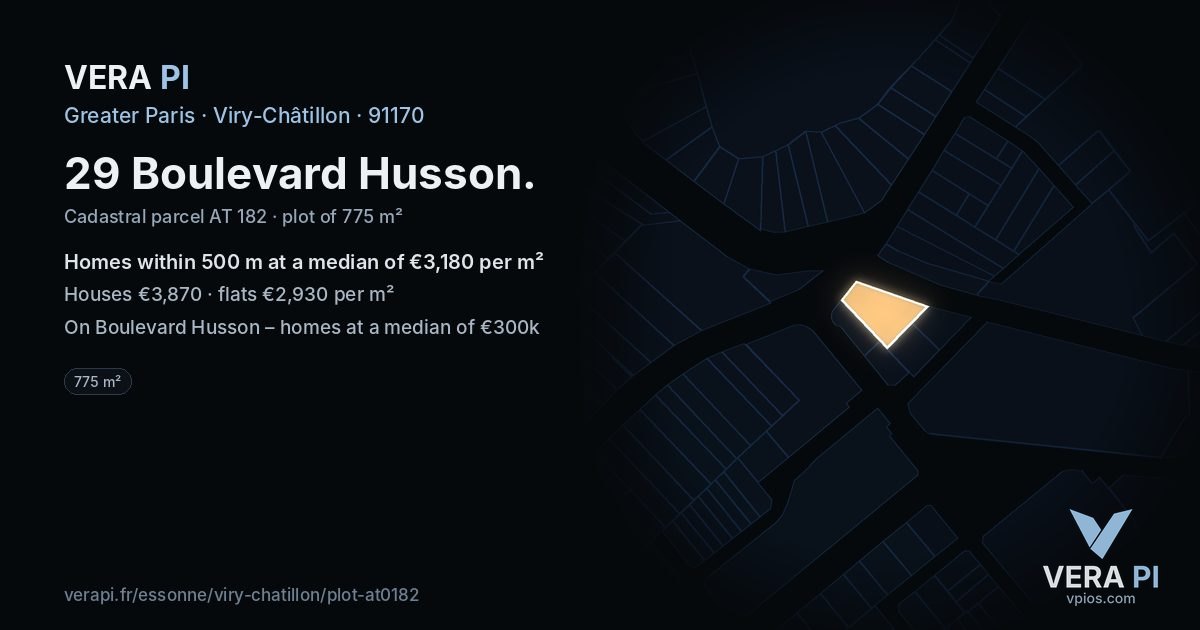 29 Boulevard Husson, Viry-Châtillon at night – the plot lit, the parcels around coloured by the prices near them
