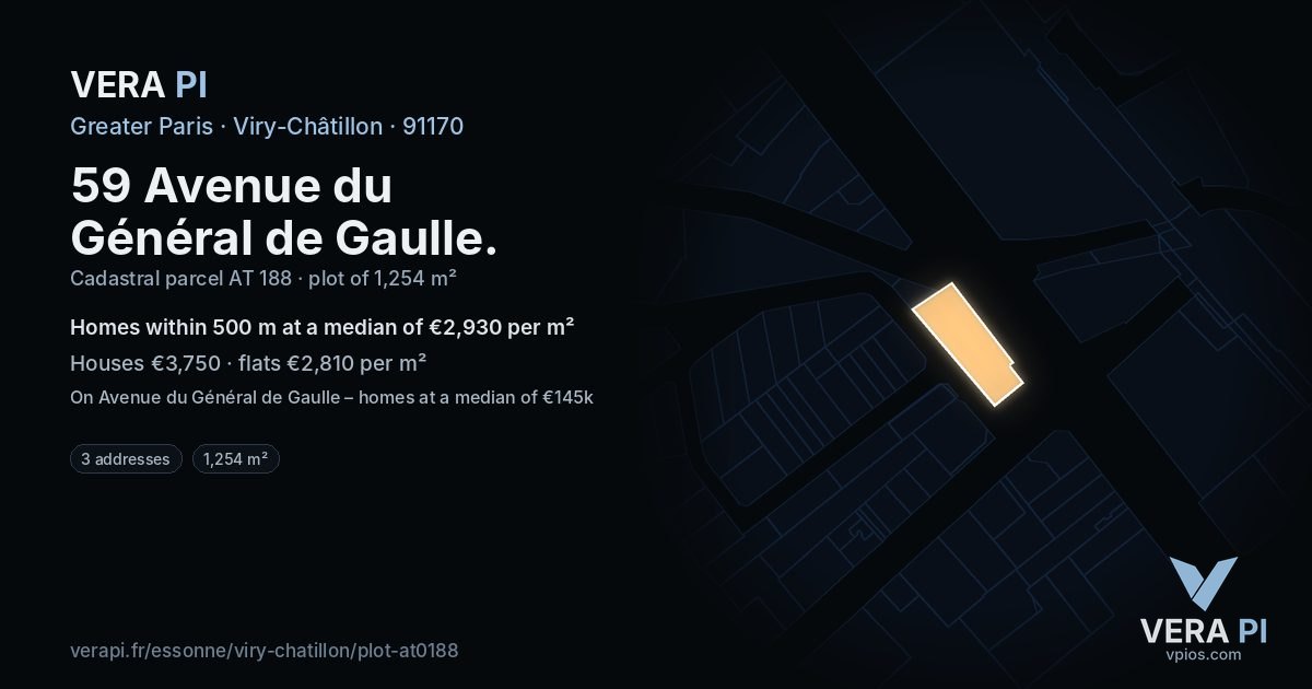 59 Avenue du Général de Gaulle, Viry-Châtillon at night – the plot lit, the parcels around coloured by the prices near them