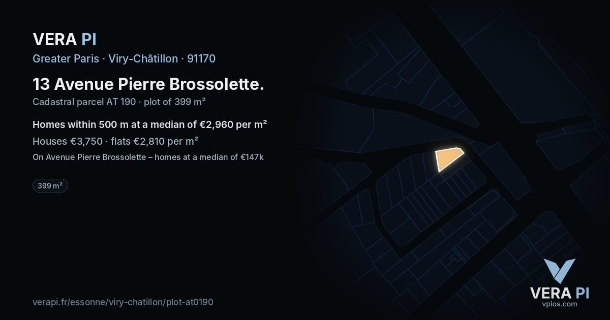 13 Avenue Pierre Brossolette, Viry-Châtillon at night – the plot lit, the parcels around coloured by the prices near them