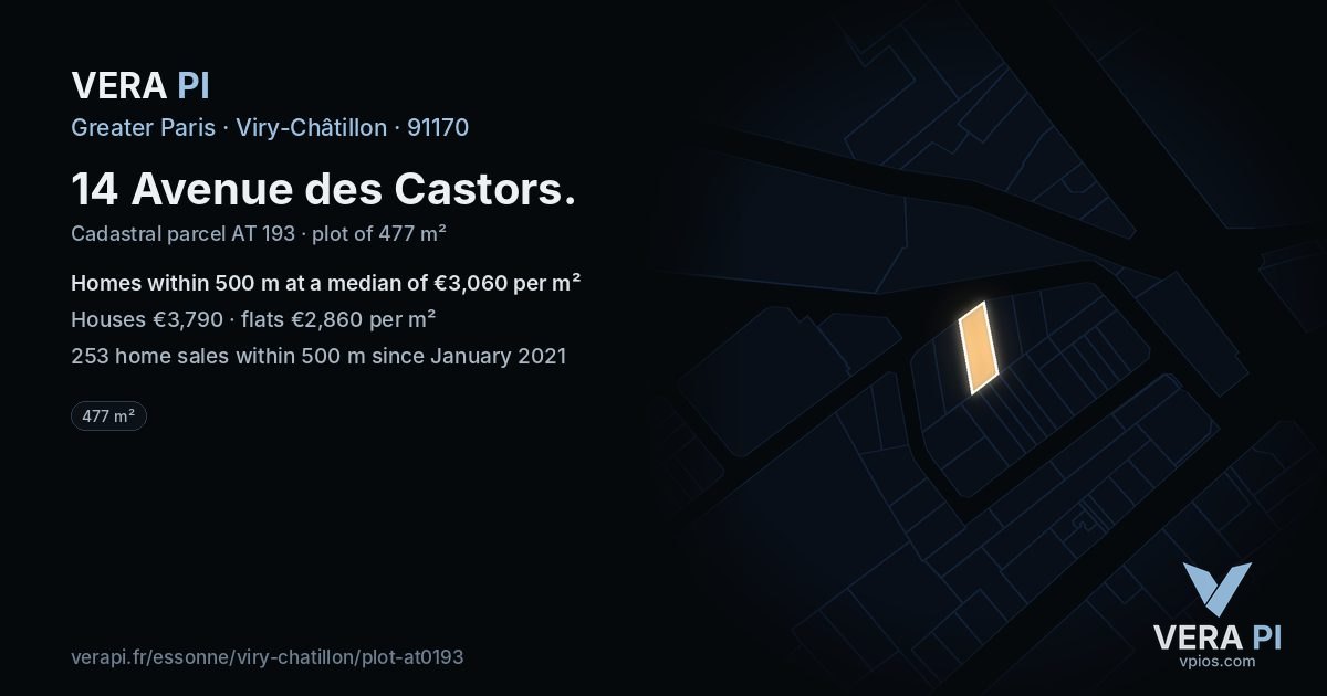 14 Avenue des Castors, Viry-Châtillon at night – the plot lit, the parcels around coloured by the prices near them