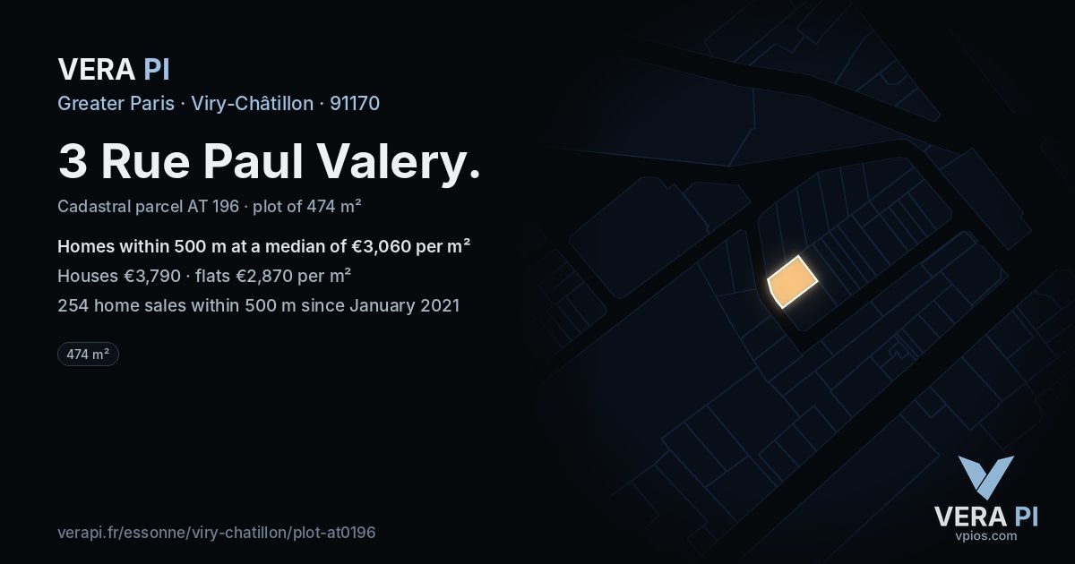 3 Rue Paul Valery, Viry-Châtillon at night – the plot lit, the parcels around coloured by the prices near them