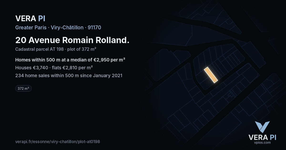20 Avenue Romain Rolland, Viry-Châtillon at night – the plot lit, the parcels around coloured by the prices near them
