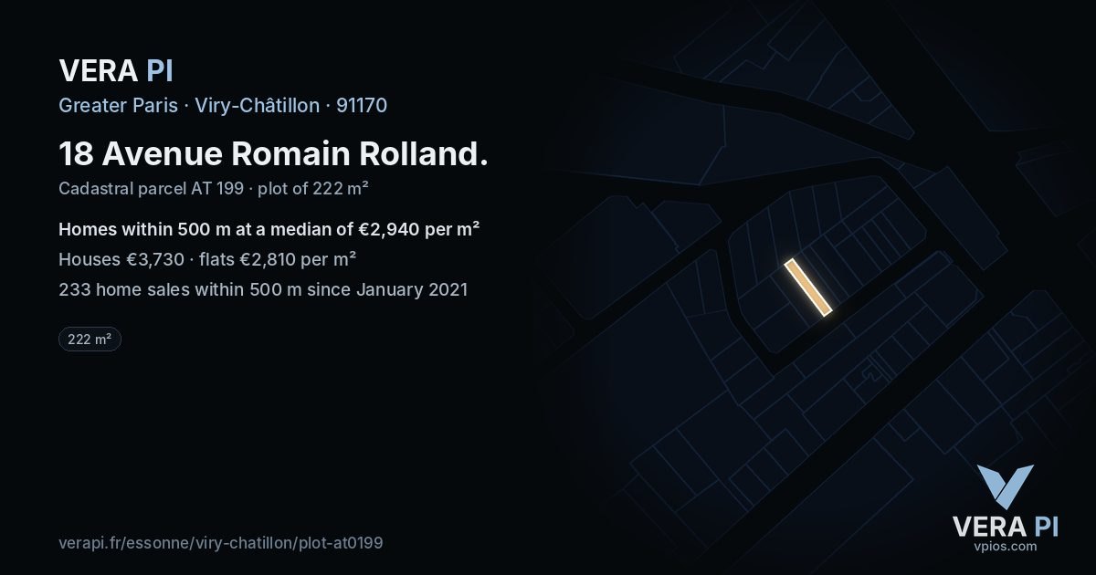 18 Avenue Romain Rolland, Viry-Châtillon at night – the plot lit, the parcels around coloured by the prices near them