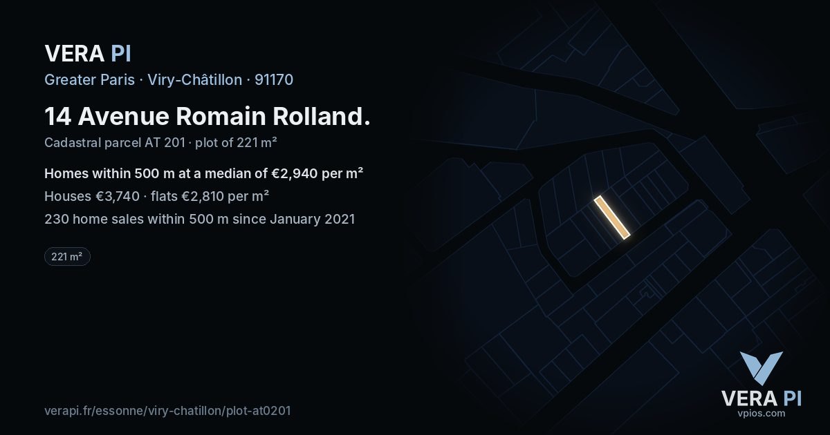 14 Avenue Romain Rolland, Viry-Châtillon at night – the plot lit, the parcels around coloured by the prices near them