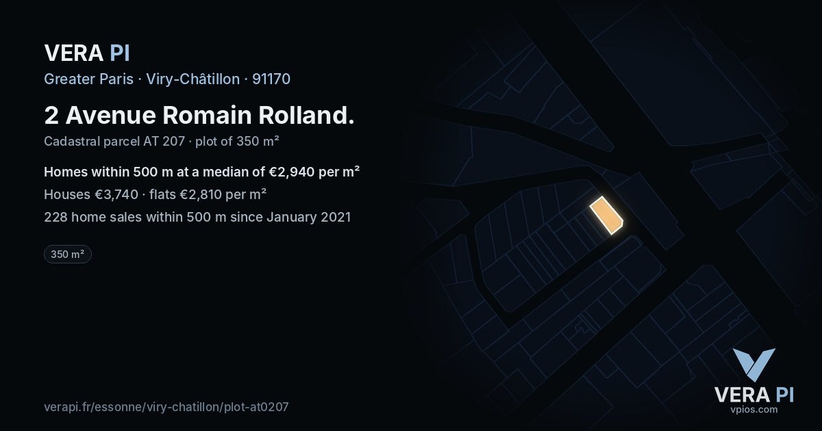 2 Avenue Romain Rolland, Viry-Châtillon at night – the plot lit, the parcels around coloured by the prices near them
