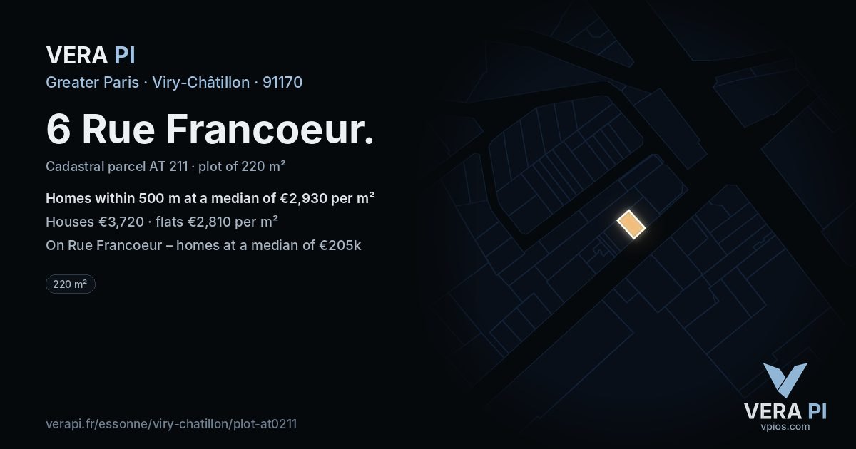 6 Rue Francoeur, Viry-Châtillon at night – the plot lit, the parcels around coloured by the prices near them