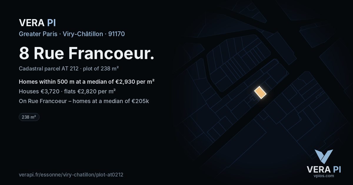 8 Rue Francoeur, Viry-Châtillon at night – the plot lit, the parcels around coloured by the prices near them