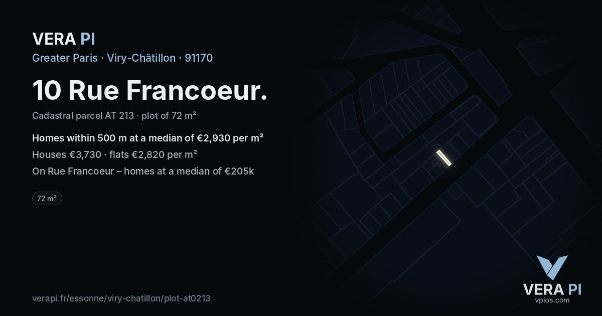 10 Rue Francoeur, Viry-Châtillon at night – the plot lit, the parcels around coloured by the prices near them