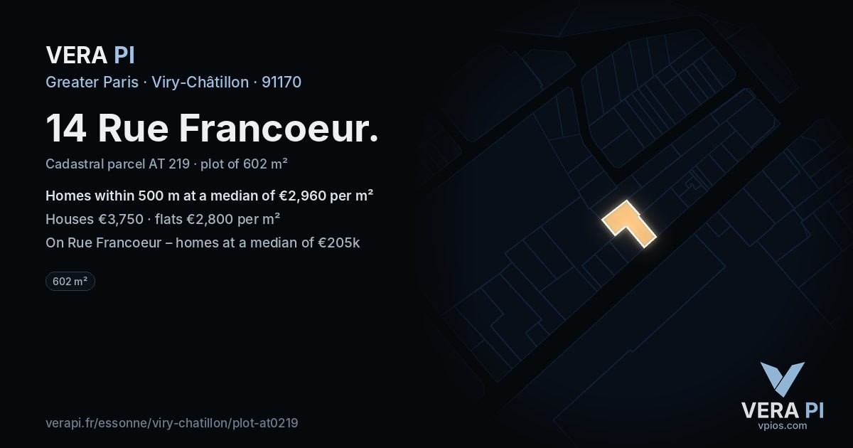 14 Rue Francoeur, Viry-Châtillon at night – the plot lit, the parcels around coloured by the prices near them