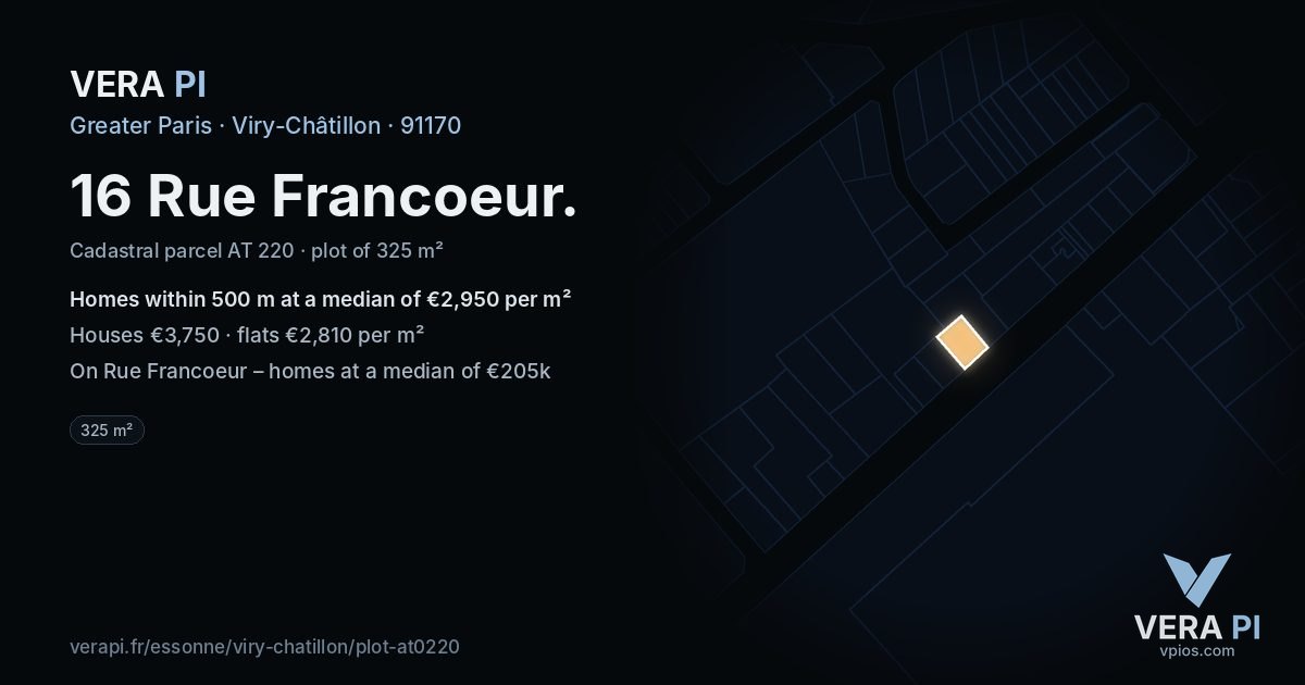 16 Rue Francoeur, Viry-Châtillon at night – the plot lit, the parcels around coloured by the prices near them