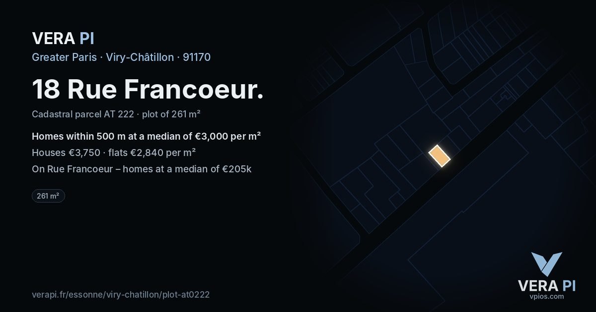 18 Rue Francoeur, Viry-Châtillon at night – the plot lit, the parcels around coloured by the prices near them