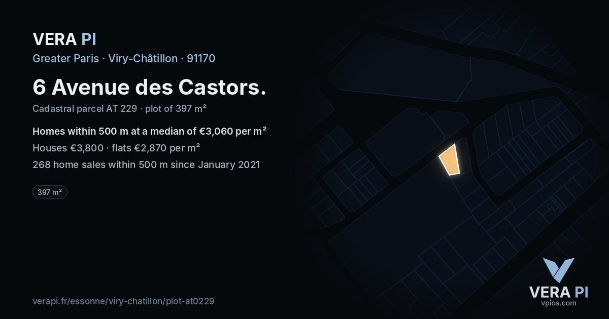 6 Avenue des Castors, Viry-Châtillon at night – the plot lit, the parcels around coloured by the prices near them