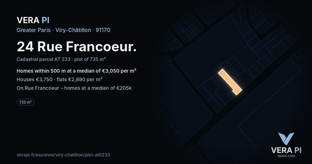 24 Rue Francoeur, Viry-Châtillon at night – the plot lit, the parcels around coloured by the prices near them