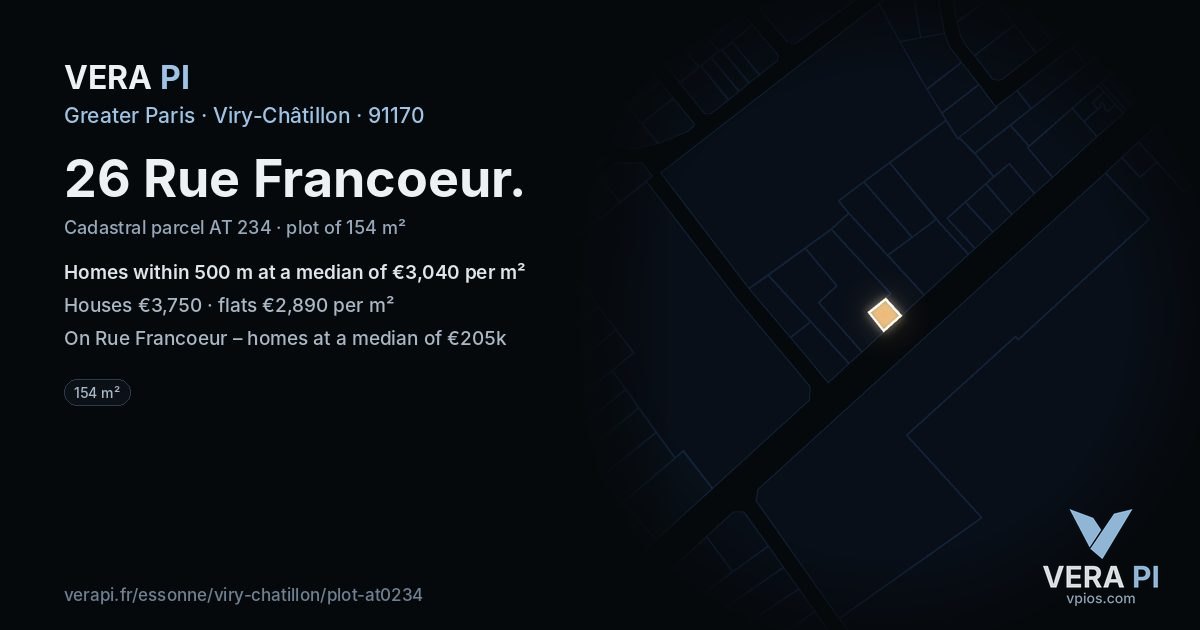 26 Rue Francoeur, Viry-Châtillon at night – the plot lit, the parcels around coloured by the prices near them