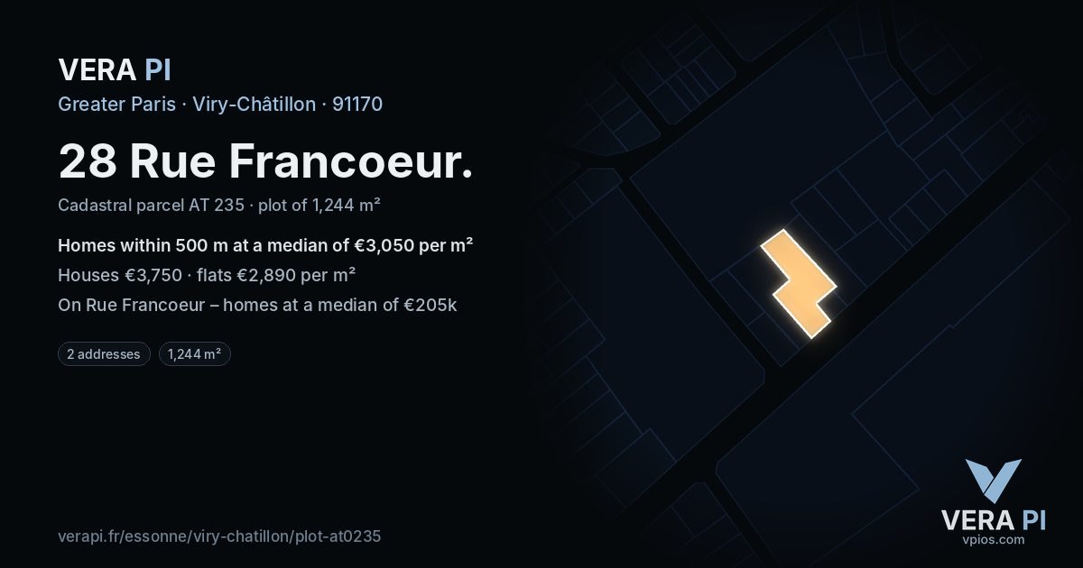 28 Rue Francoeur, Viry-Châtillon at night – the plot lit, the parcels around coloured by the prices near them