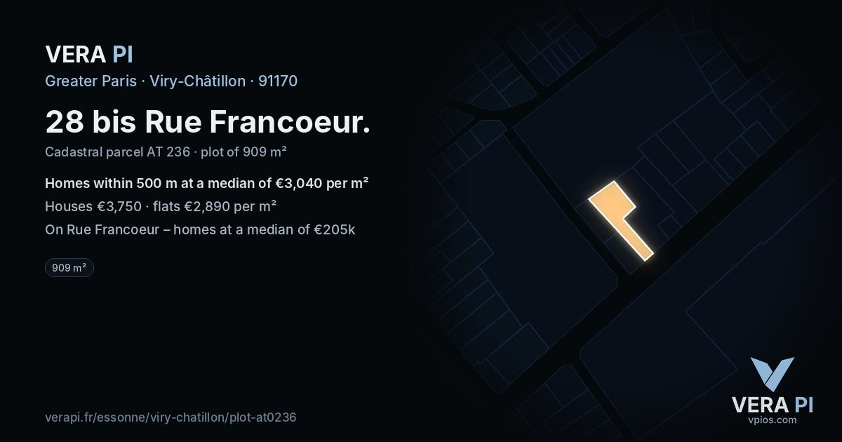 28 bis Rue Francoeur, Viry-Châtillon at night – the plot lit, the parcels around coloured by the prices near them