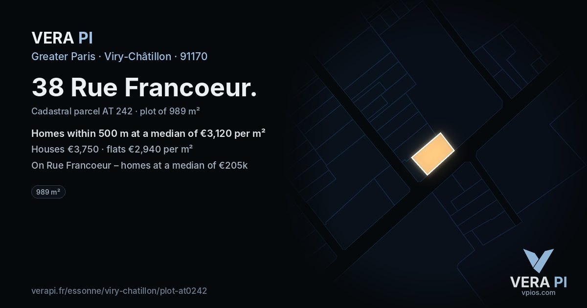 38 Rue Francoeur, Viry-Châtillon at night – the plot lit, the parcels around coloured by the prices near them