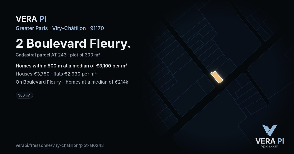 2 Boulevard Fleury, Viry-Châtillon at night – the plot lit, the parcels around coloured by the prices near them