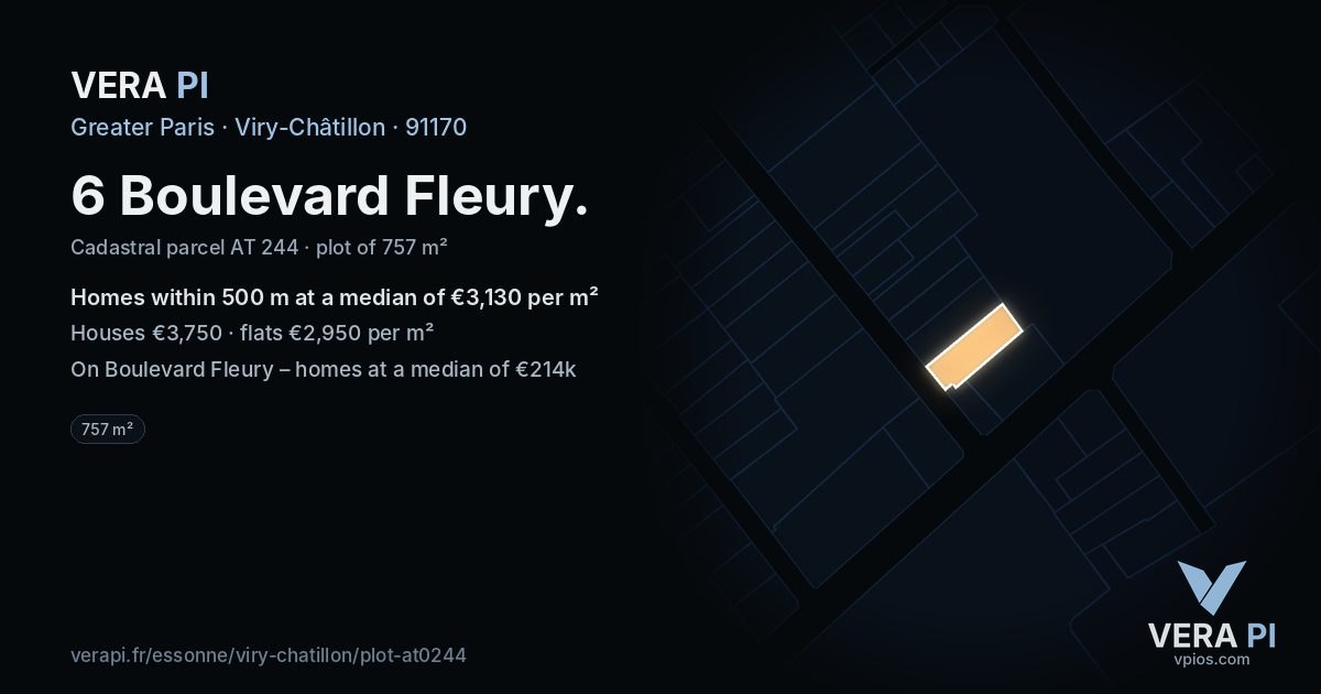 6 Boulevard Fleury, Viry-Châtillon at night – the plot lit, the parcels around coloured by the prices near them