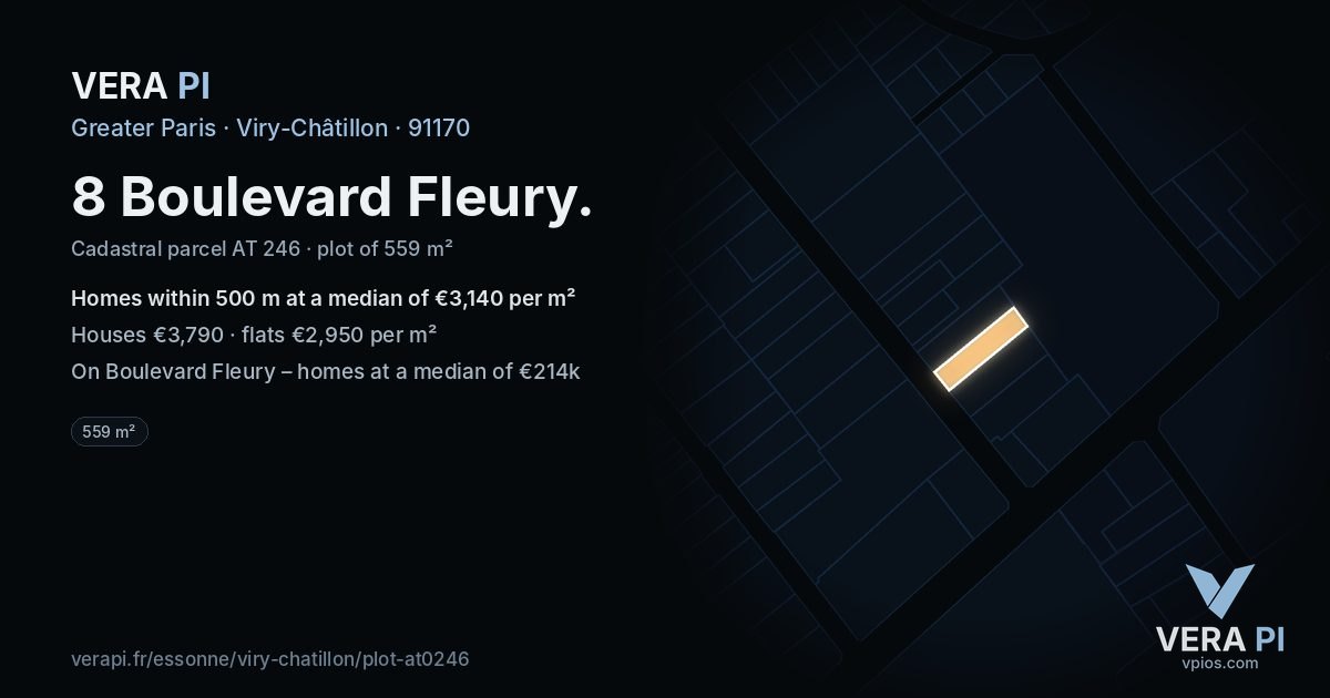 8 Boulevard Fleury, Viry-Châtillon at night – the plot lit, the parcels around coloured by the prices near them