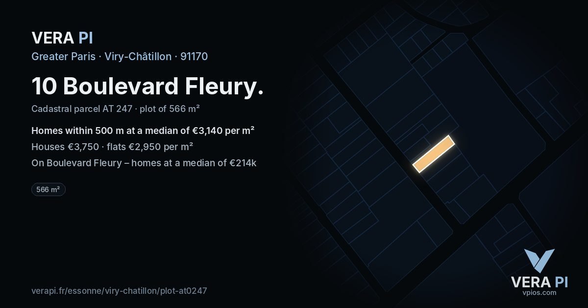 10 Boulevard Fleury, Viry-Châtillon at night – the plot lit, the parcels around coloured by the prices near them