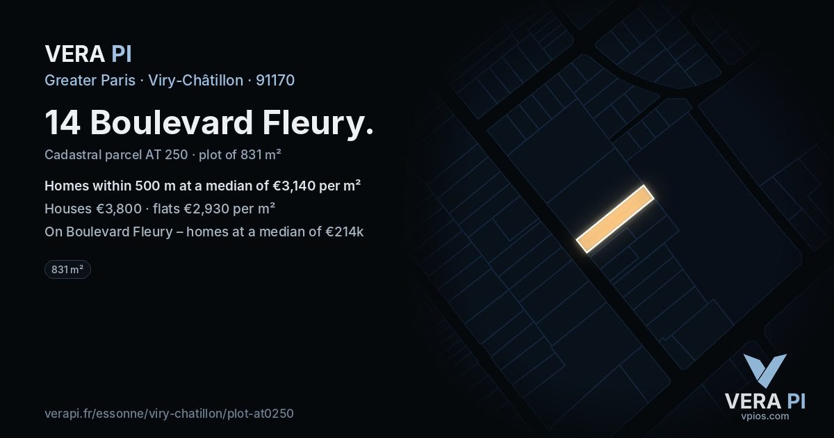 14 Boulevard Fleury, Viry-Châtillon at night – the plot lit, the parcels around coloured by the prices near them