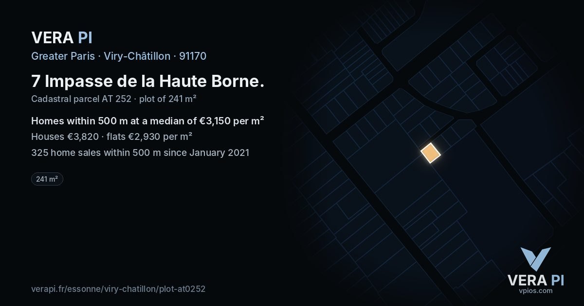 7 Impasse de la Haute Borne, Viry-Châtillon at night – the plot lit, the parcels around coloured by the prices near them