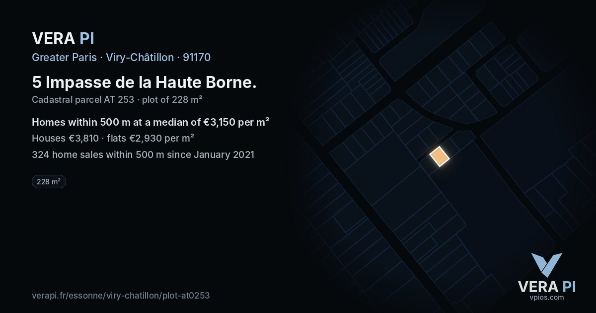 5 Impasse de la Haute Borne, Viry-Châtillon at night – the plot lit, the parcels around coloured by the prices near them