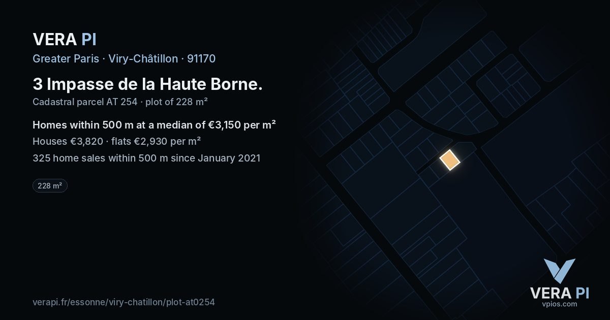 3 Impasse de la Haute Borne, Viry-Châtillon at night – the plot lit, the parcels around coloured by the prices near them